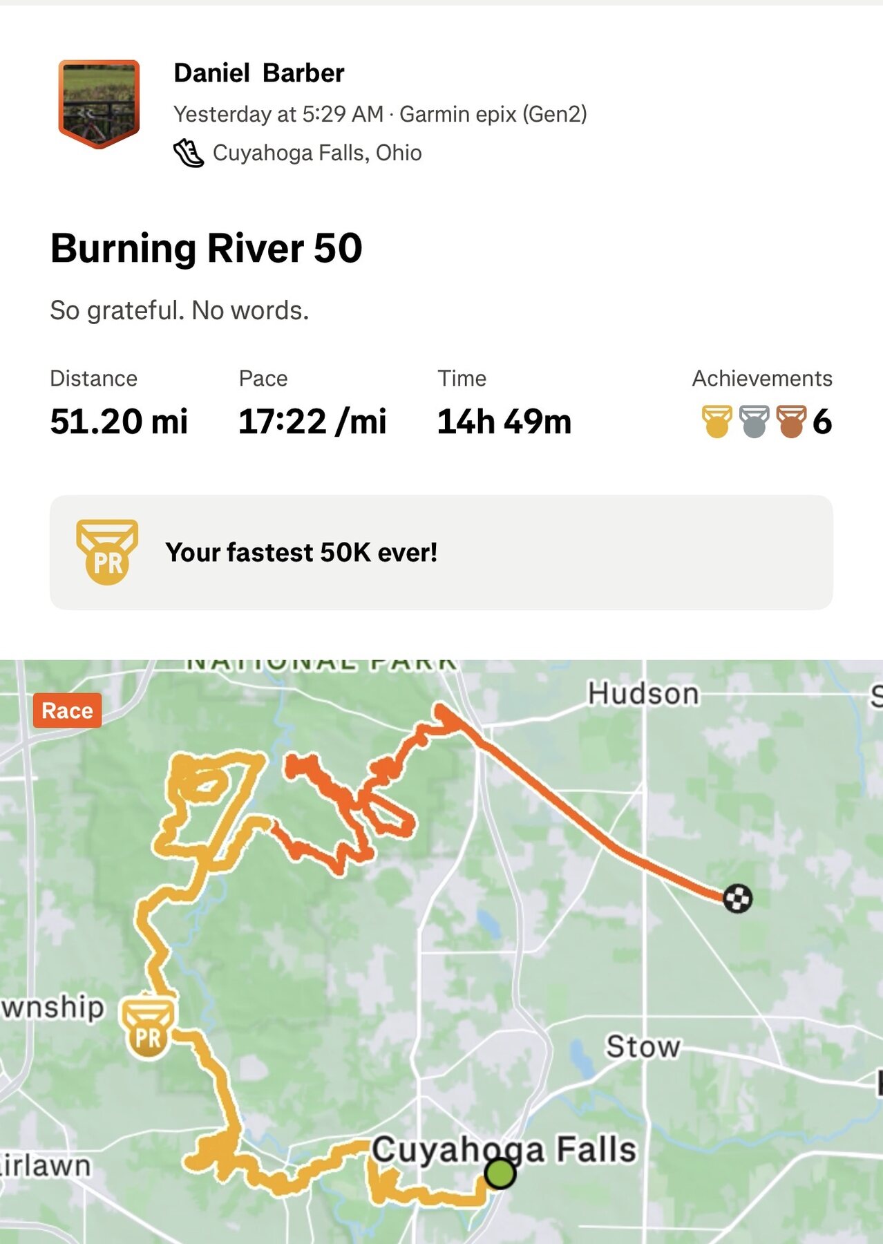 Burning River 50 activity summary showing the completed 51.2-mile course